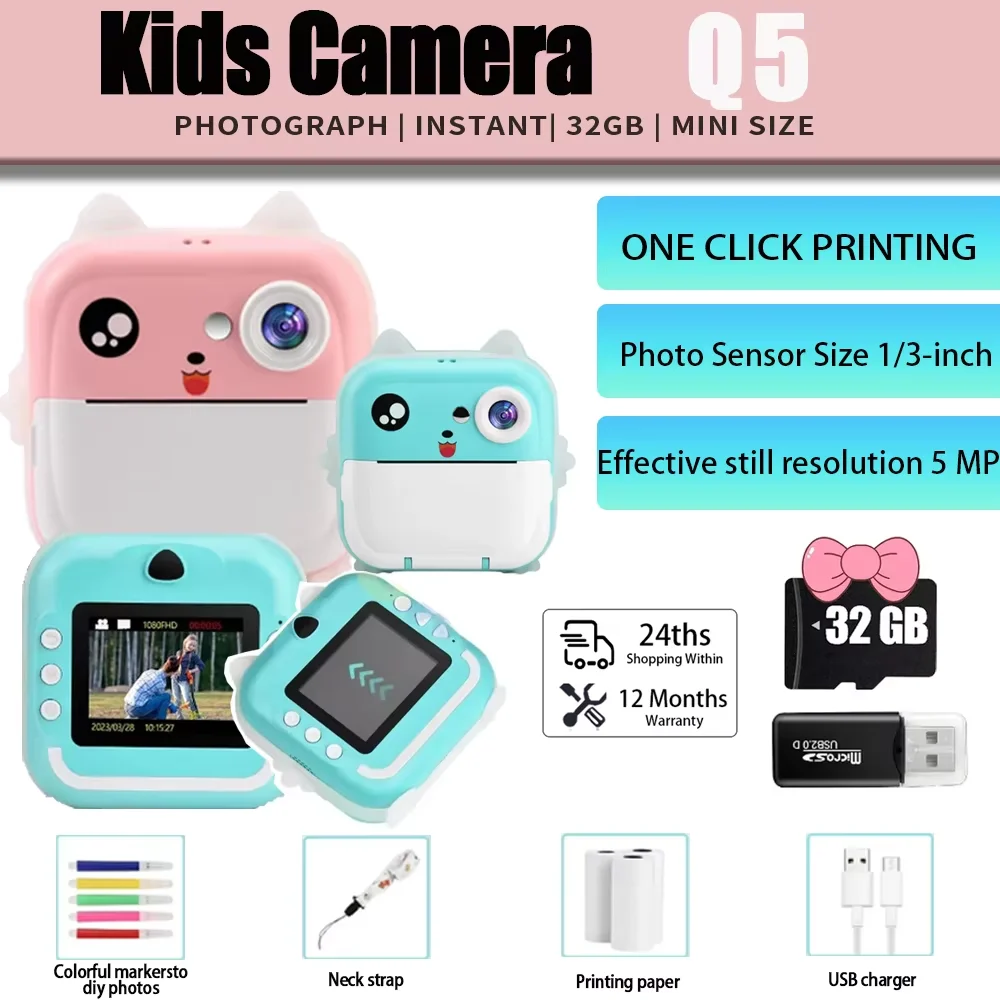 Instant Print Photo Kids Camera 2 in 1 Mini Thermal Printer Video Photography Children Digital Camera Boy Girl Educational Gift