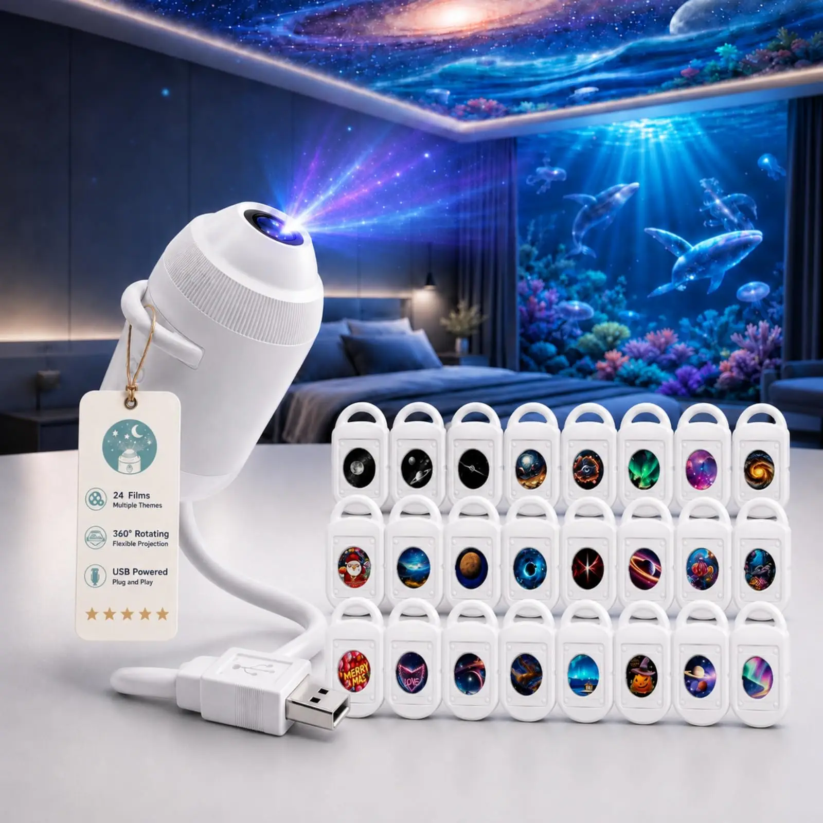 2027 Galaxy Projector Night Light, 5D-Style Dynamic Star and Ocean Ceiling Lamp, Interchangeable Films, USB Plug-and-Play