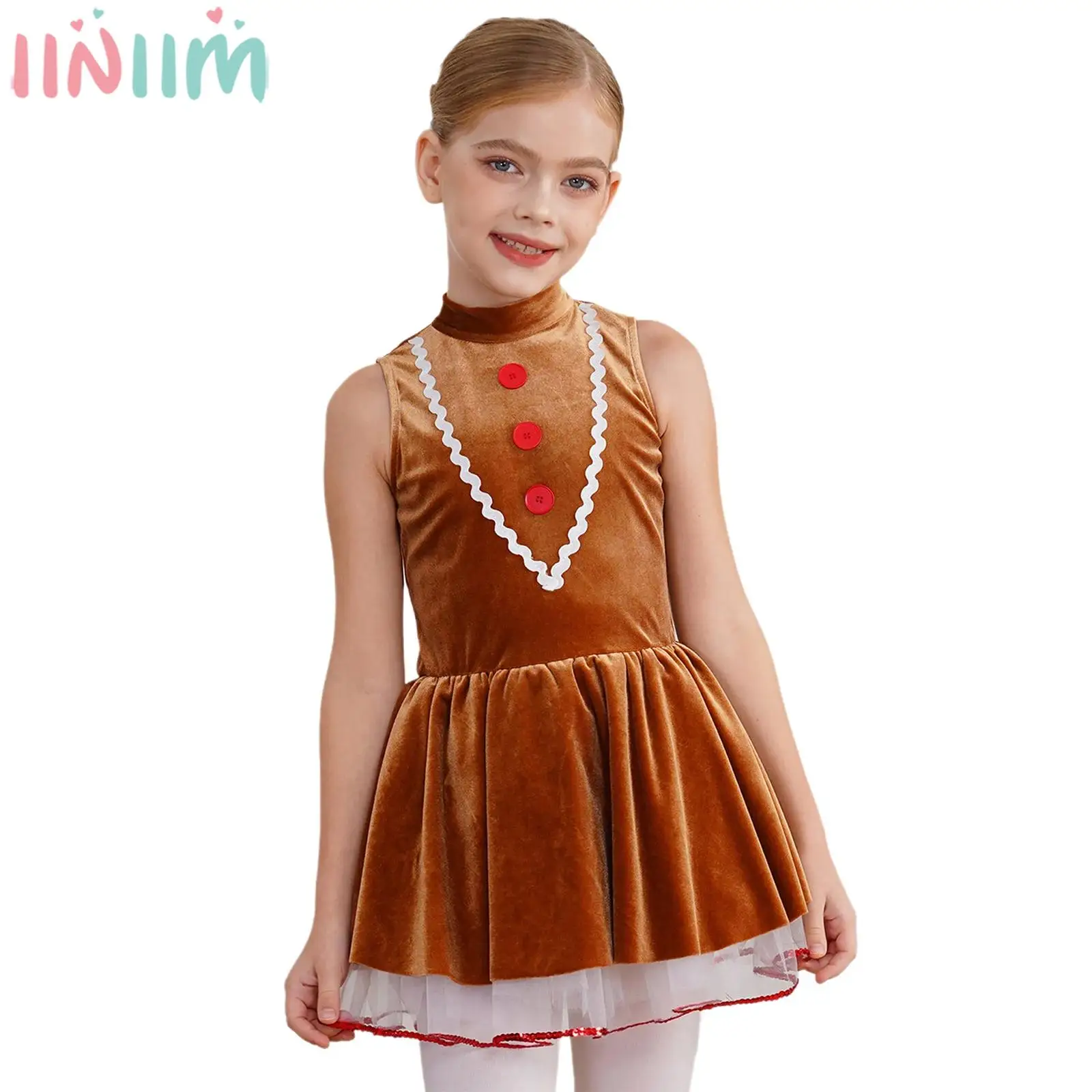 Girls Christmas Gingerbread Cookie Man Cosplay CostumeSleeveless Velvet Dance Tutu Leotard Dress for Xmas Halloween Carnival