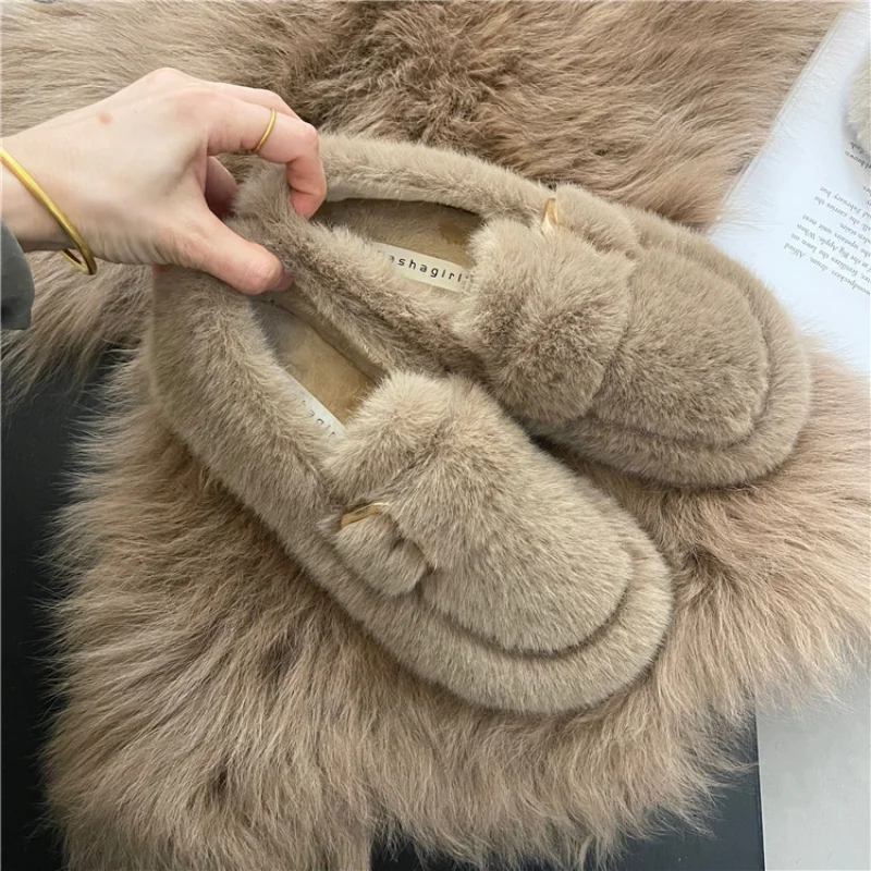 Woman Shoes Bear Fur Women Autumn Winter New One-pedal Lamb Hair Flat Peas Shoes Women\'s Cotton Casual Shoes To Keep Warm 2024