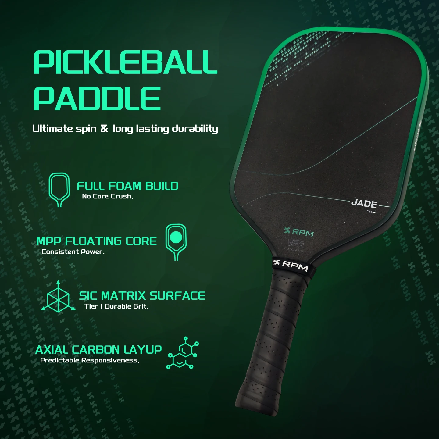 RPM Jade Thermogeformter Pickleball-Schläger mit Karborund-Oberfläche und MPP-Schaumkern für Verbesserten Spin, Geeignet für Fortgeschrittene Spieler – Detail 1