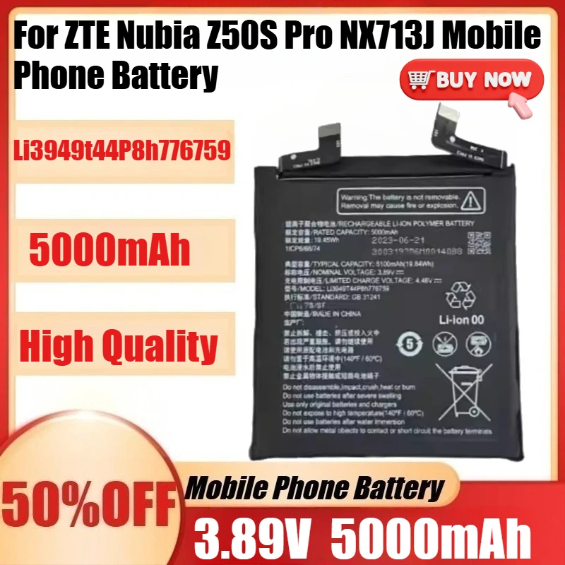 

New Li3949T44P8h776759 5100mAh Battery for ZTE Nubia Z50S Pro NX713J Mobile Phone 1ICP6/68/74 Mobile Phone Batteries+Tools