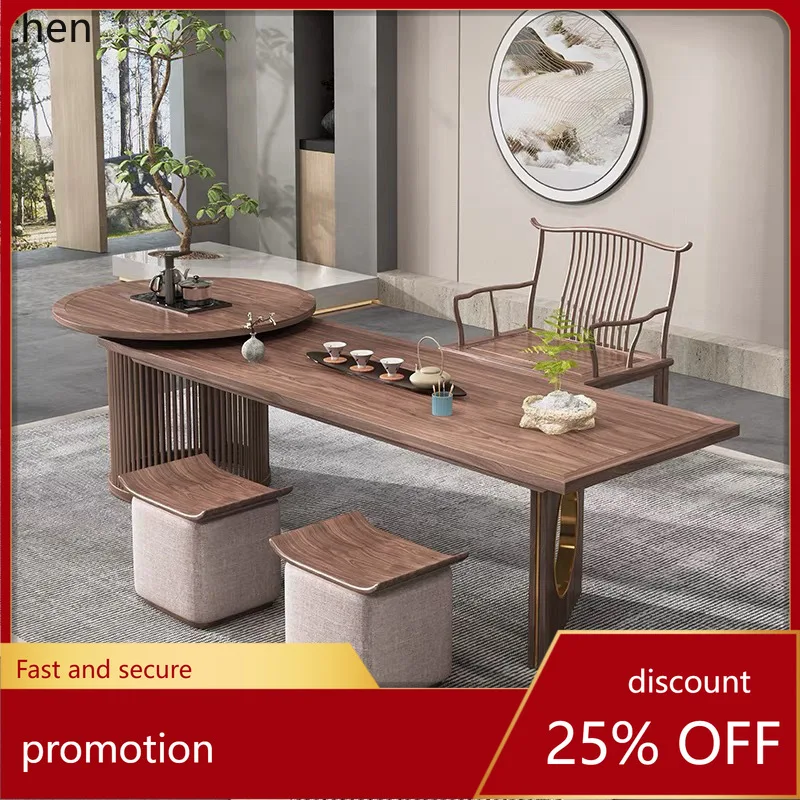 HXL Tea Table and Chair Set Zen Style Solid Wood Tea Table Black Walnut Furniture
