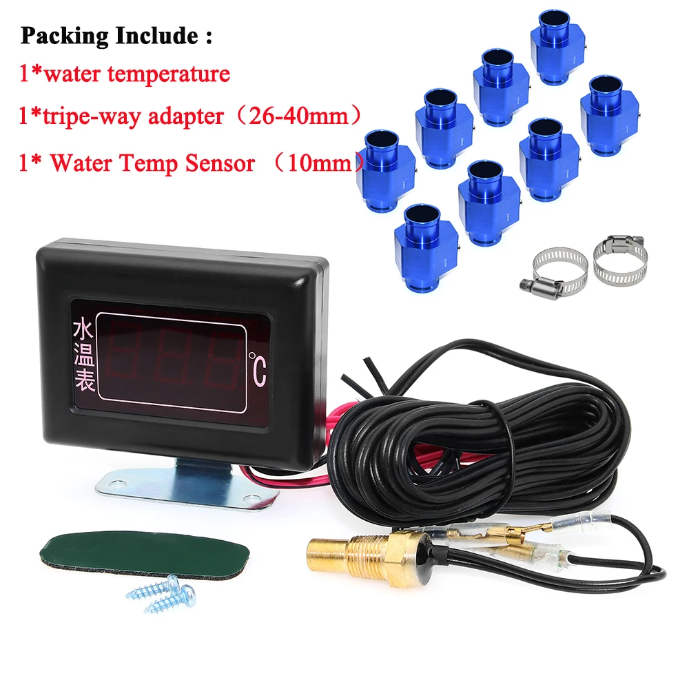 Car Water Temperature Gauge with Sensor 40-120 Celsius Water Temp Joint Pipe Radiator 26mm-40mm Adapter Big Font Digital Meter