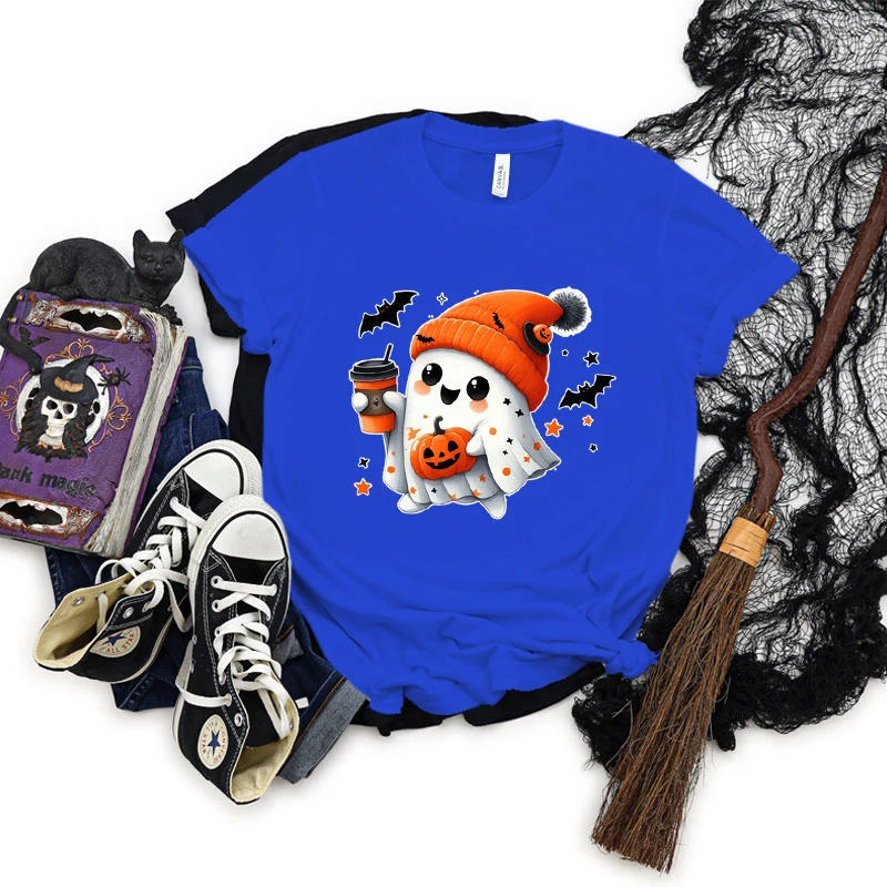 Ghost Coffee Lover Short Sleeve T-shirt Horror Pumpkin Graphic Casual Tops Women Cute Ghost Funny Halloween Essential Clothing image 3