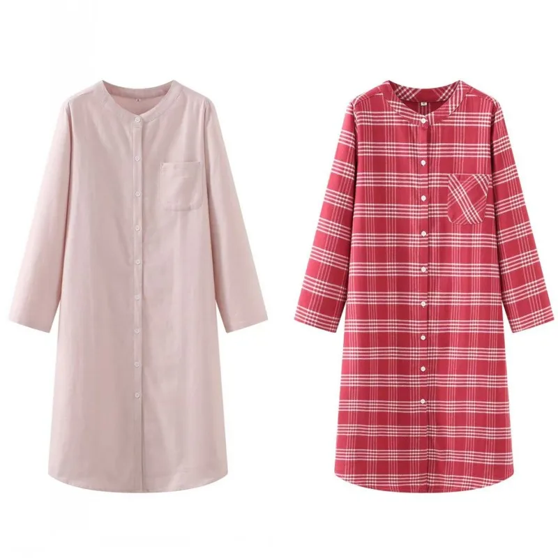 Spring Autumn Women Casual Plaid Night Dress Female 100% Cotton Nightgown Long Sleeve Sleepshirts Casual Large Size Home Dress