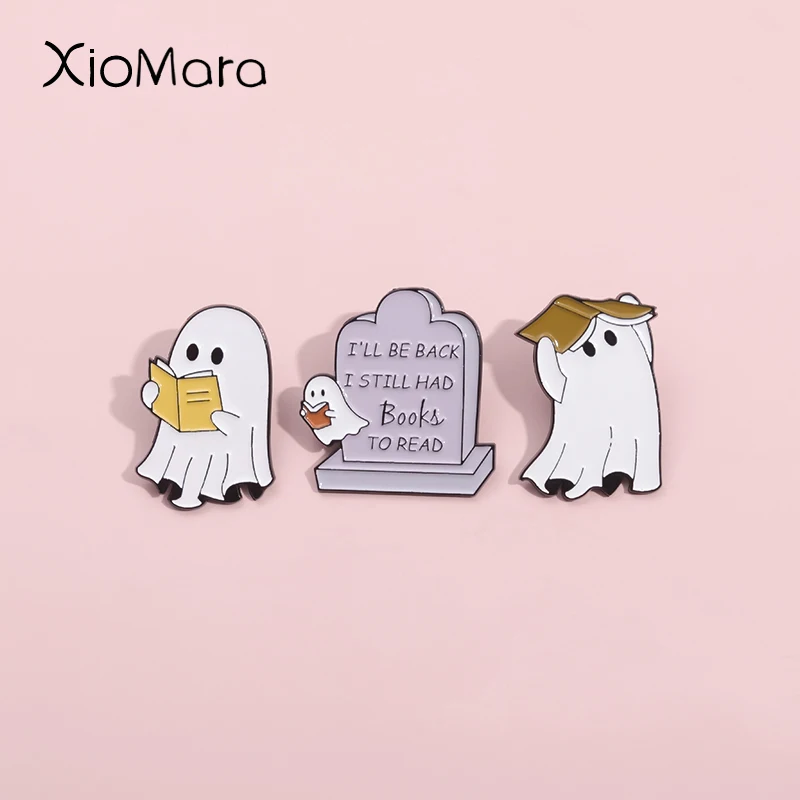 Bookworm Reading Ghost Enamel Pins Cute Boo I Still Had Books To Read Brooches Lapel Badges Halloween Festival Jewelry Kids Gift