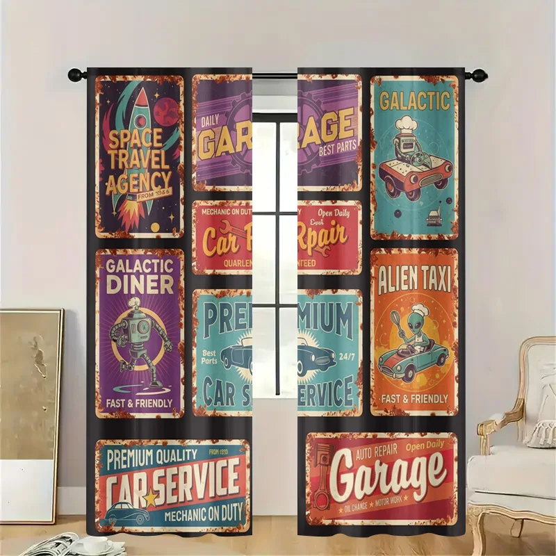Retro Garage Workshop Curtains Valance Window Decor Man Cave Auto Repair Panel Vintage Sci-Fi Style Pop Art Home Accent