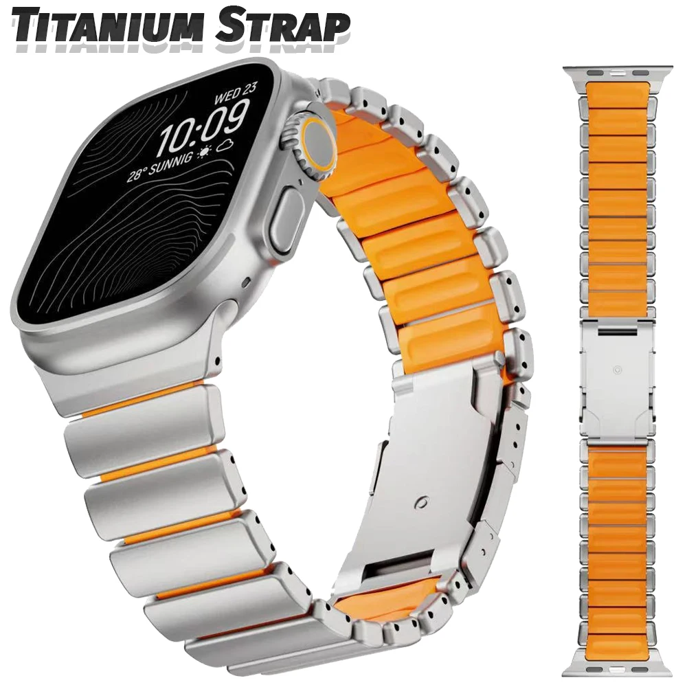 Titanium Rubber Strap for Apple Watch Ultra 3/2/1 49mm 10 11 46mm Luxury Band for Iwatch 9 8 7 45mm 6 SE 3 44mm 42mm Accessories