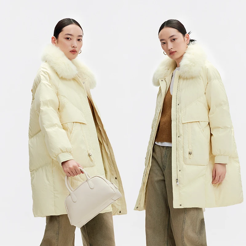 Chericom 겨울 중간 길이 다운 재킷 오리털 충전 폭스 퍼 칼라 플랩 포켓 고급스러운 따뜻한 두꺼운 외투 Y289207B