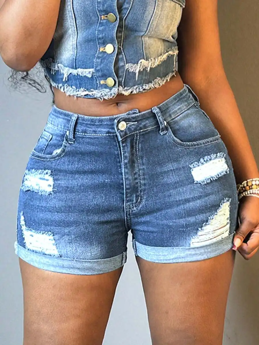

Casual Ripped Denim Shorts With Rolled Cuffs And Elastic Waist
