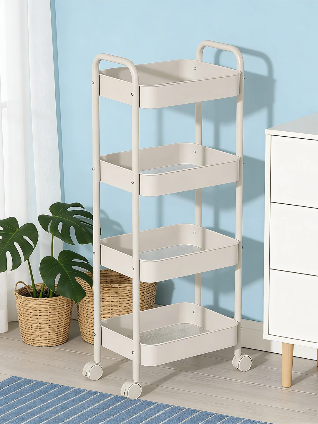 

Mobile Carbon Steel Snack Cosmetic Small Cart Multi-layer Rack Bathroom Storage Box Floor-standing Organizer for Toiletries