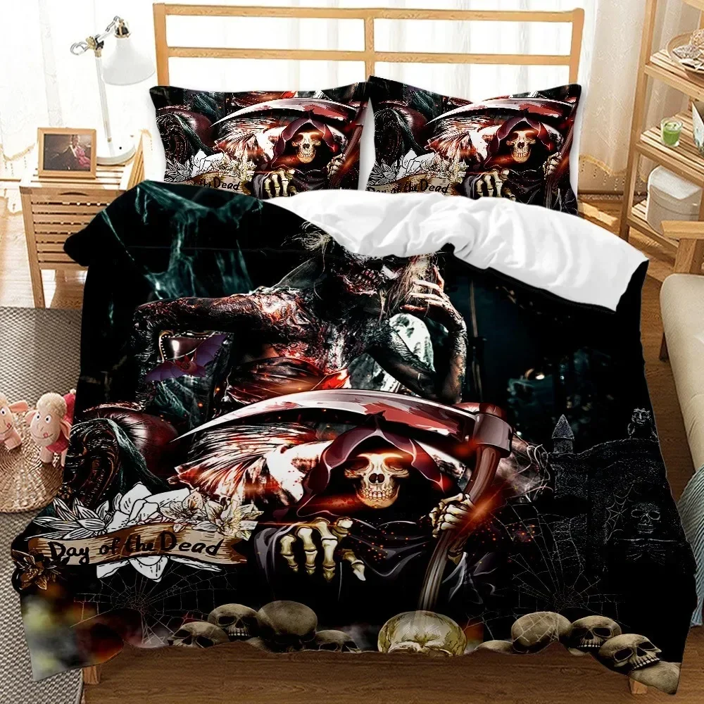 Skull Duvet Cover Set King Queen Size Black Gothic Skeleton Bedding Set for Teens Adults Halloween Scary Polyester Quilt Cover