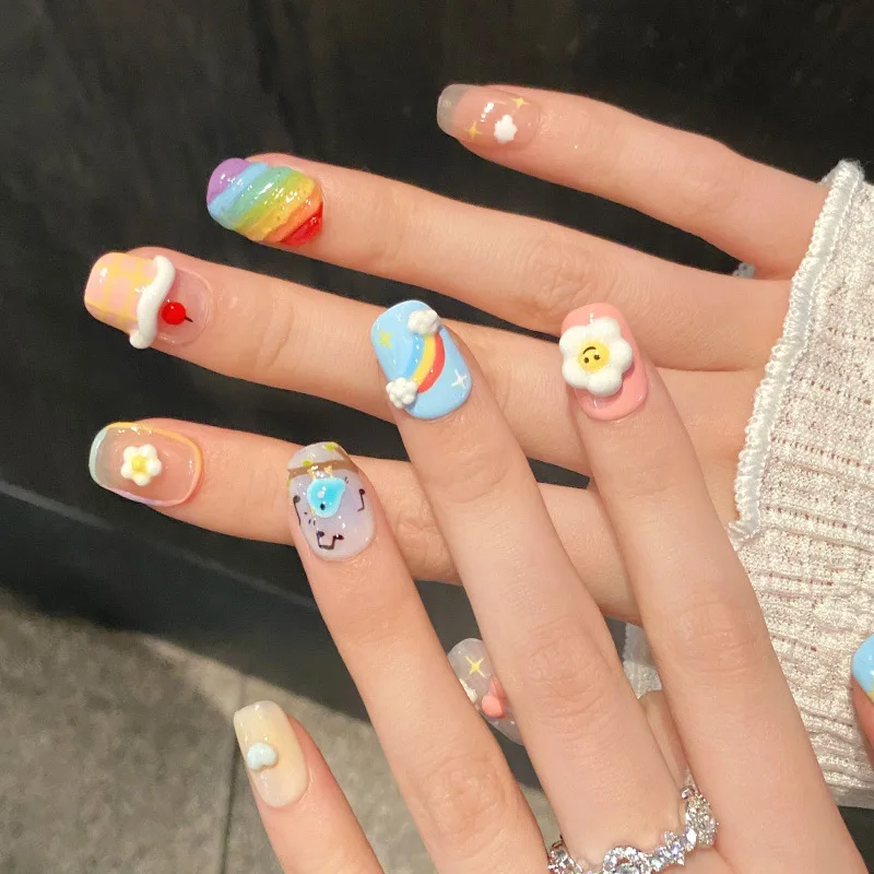 

10Pcs Shiny Handmade Press On Nails Full Cover Colorful Design Short Round Head Fake Nail Artificial Manicure Wearable Nail Tips