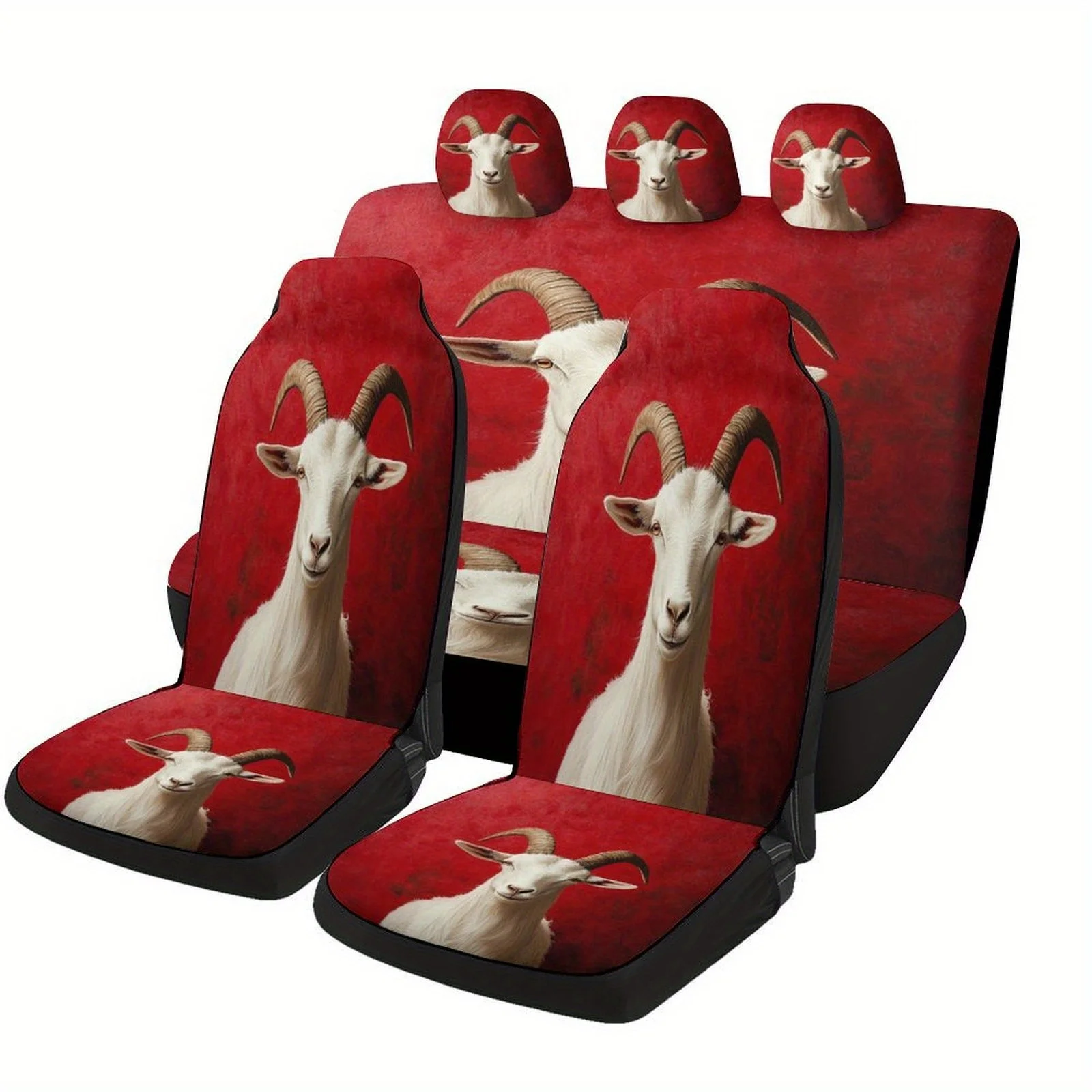 

White Goat On Red Background Themed Car Seat Cover Set For Most Cars, Fashionable Novelty Car Seat Protector Covers Full Set, Un