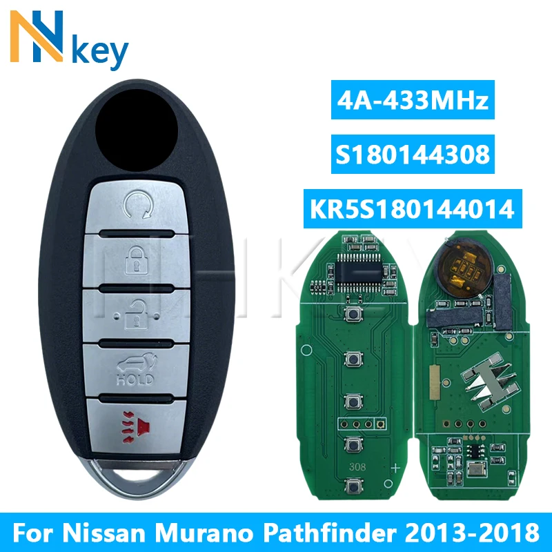 

NHKEY S180144308 для Nissan Murano Pathfinder 2013-2018 433,92 МГц 4A чип 5 кнопок умный дистанционный ключ FCC: KR5S180144014