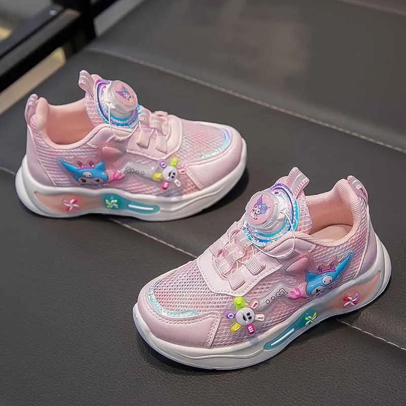 Chidren\'s Fashion Cartoon Anime Kuromi Sports Shoes Girls Mesh Cute with Windmill Casual Shoes Rotating Button Children Sneakers