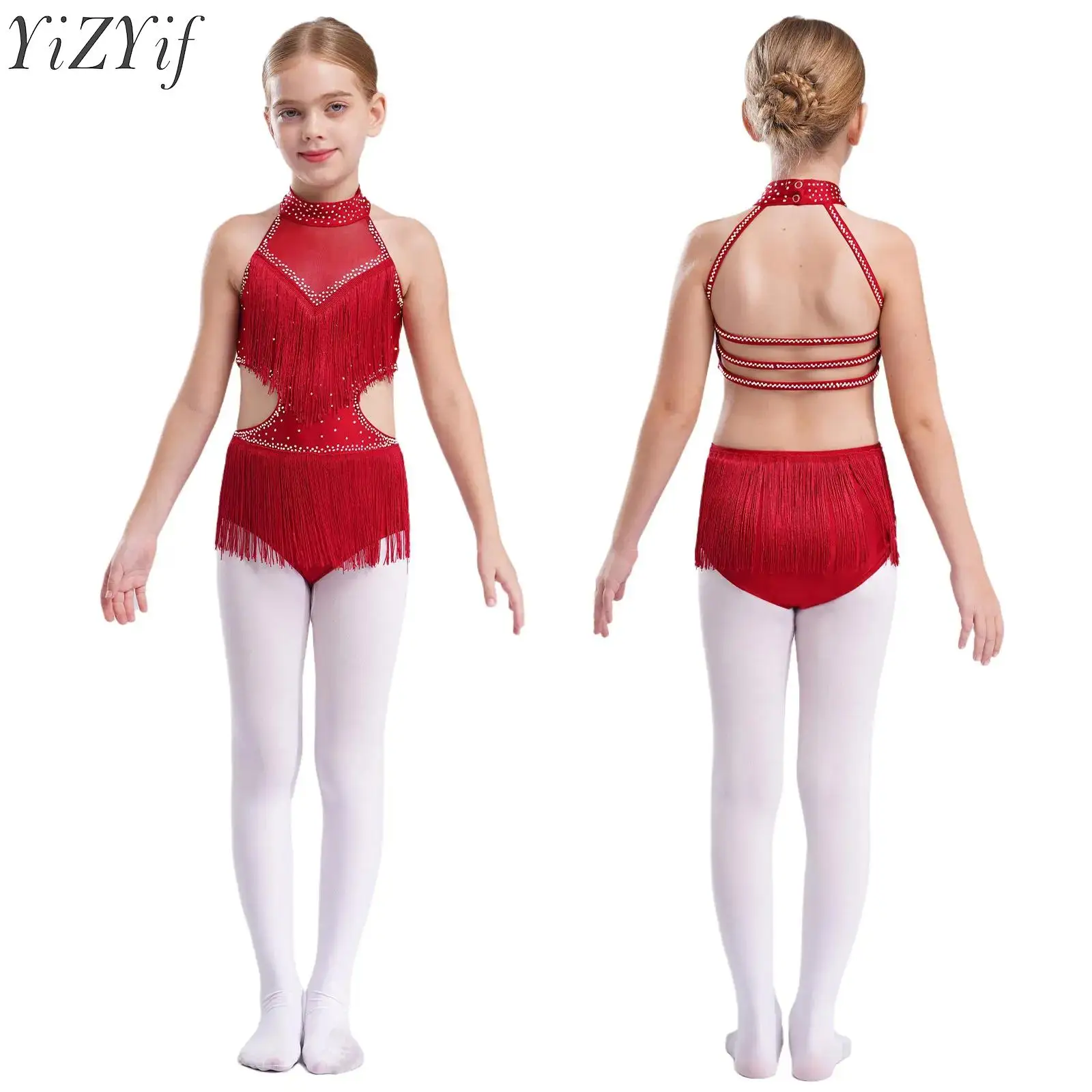 

Kids Girls Ballet Skirted Leotard Tassels Latin Jazz Dance Bodysuit Costume Sleeveless Cutout Backless Rhinestones Fringed Dress