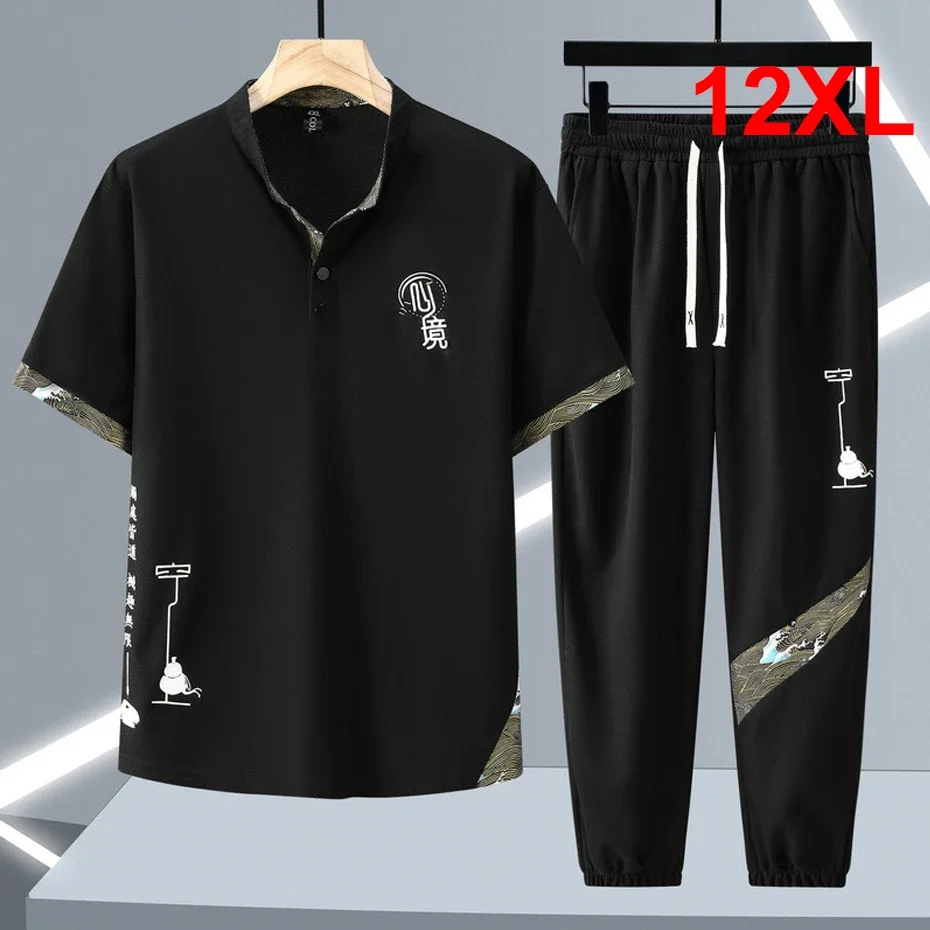 

DIANRUO Summer Tracksuits Plus Size 12XL Fashion Casual Chinese Traditional Style T-shirts Pants Suits Male Sets Big Size