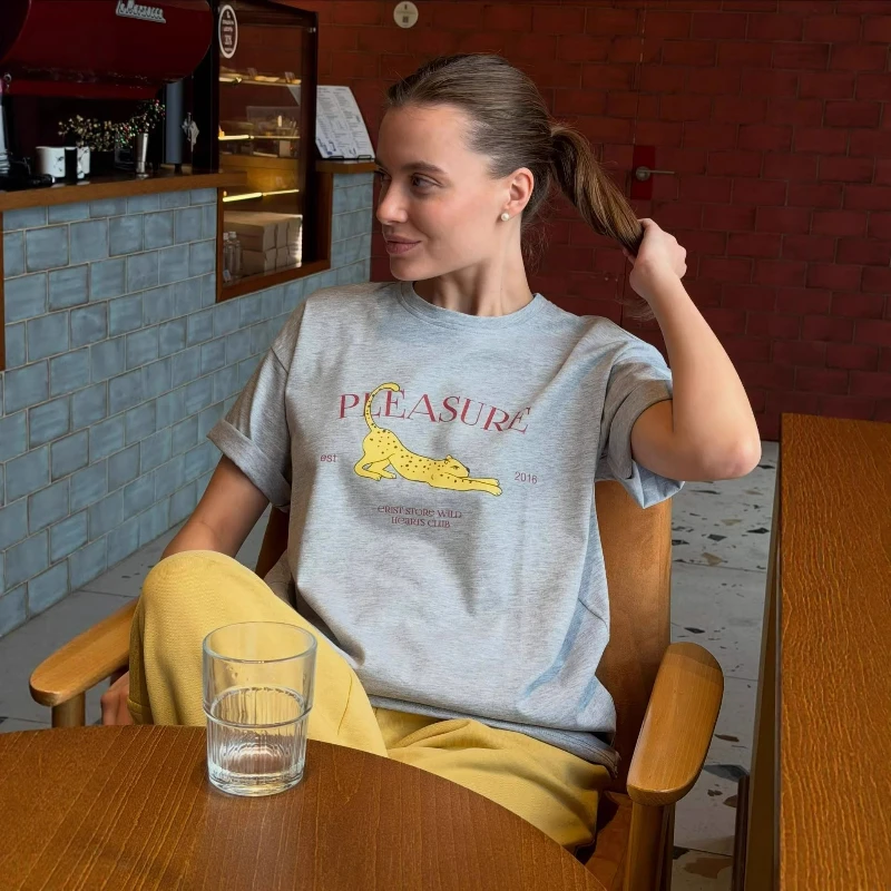 New Spring/Summer 2026 Fashionable Color-blocking Laid-back T-shirt Casual Loose Printed Grey Short-sleeved T-shirt for Women