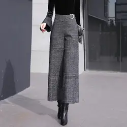 Autumn Winter Women's Woolen Pants New Plaid Pocket Zipper Fashion Elegant High Waist Straight Wide Leg Ankle Length Trousers