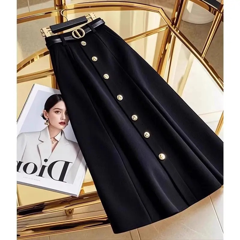 Women Autumn Winter Simplicity Office Lady Black High Waist Skirt Women Clothes Elegant Temperament All-match Trend A-line Skirt