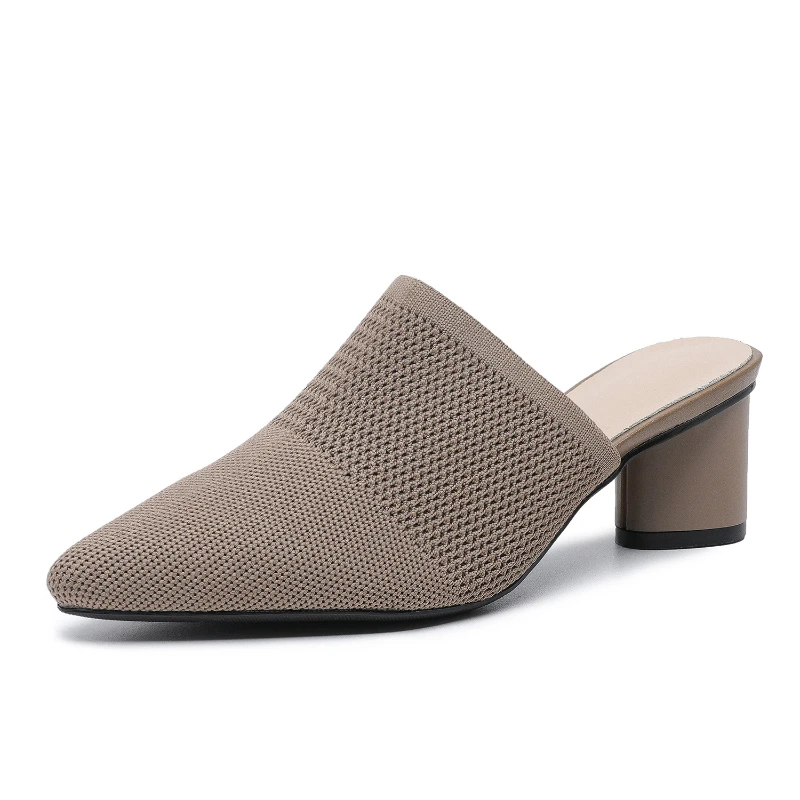Pointy Toe Womens Multi Color Knit Mules Pointed Toe Slip On Block Heel Backless Shoes For Casual And Office Comfortable Simple