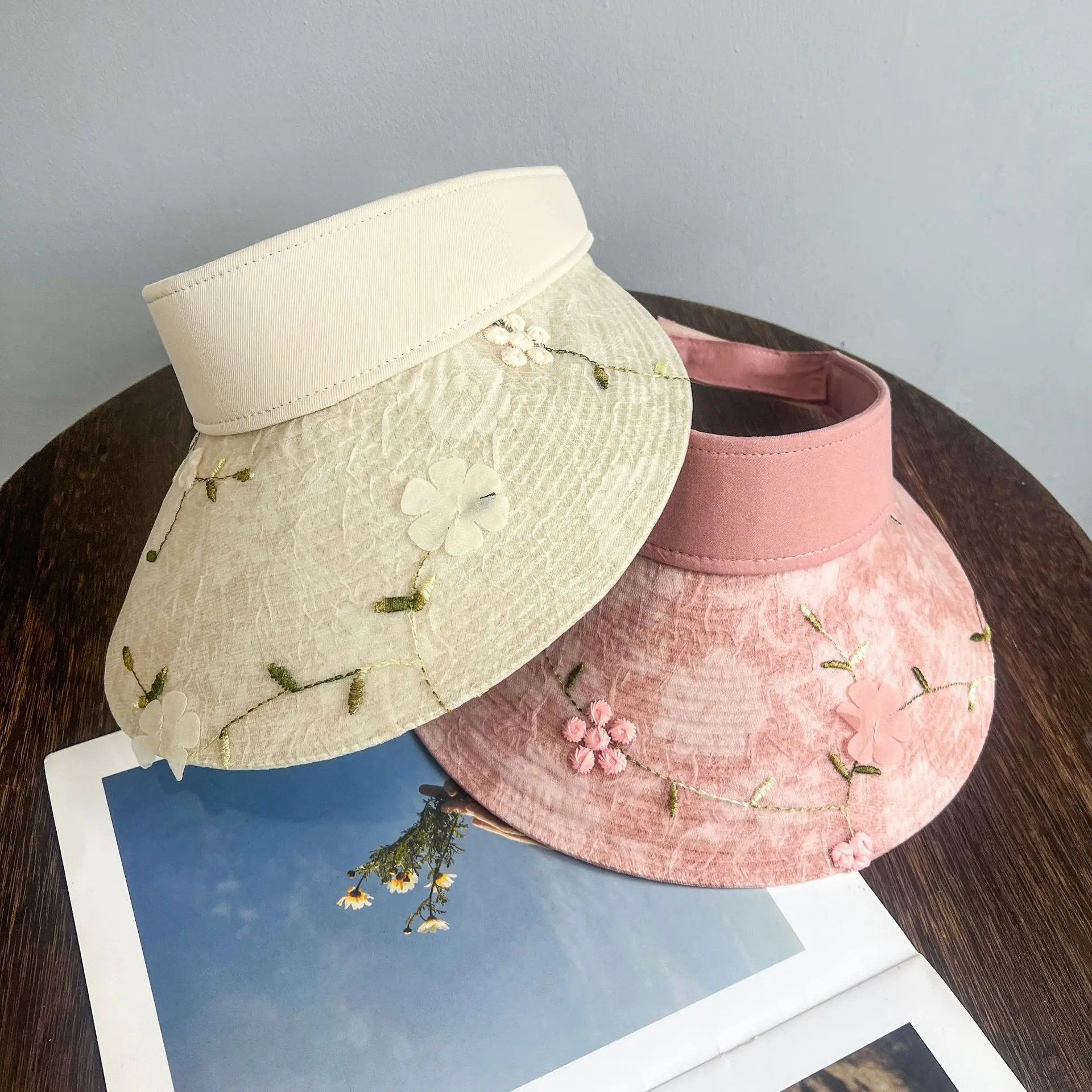 Three-Dimensional Flower Straw Topless Hat Women's Summer Hat Brim Sun-Proof