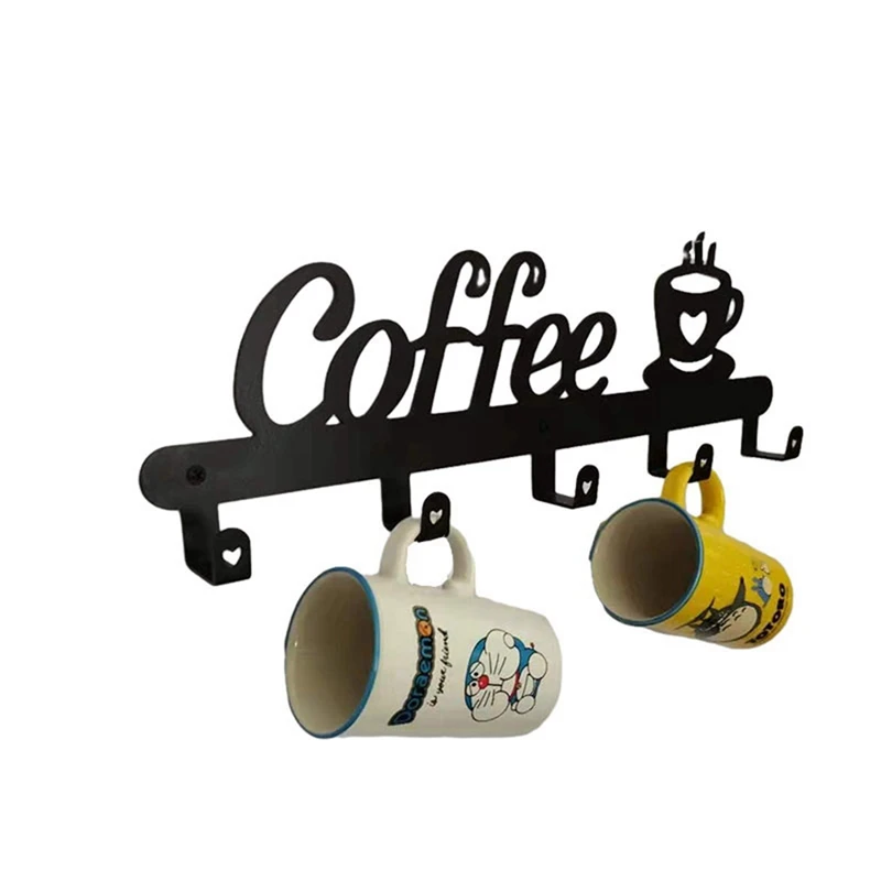 Suporte de caneca de café montado na parede (5 ganchos), sinal de decoração de cozinha ou bar de café, para exibição e organizador de cabides de caneca de café