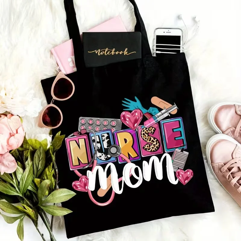 Pink Nurse Canvas Tote Bag "NURSE" Letter Print with Stethoscope Syringe Nurse Cap Mask Pink Bow Pills Bandage Sparkle Decor