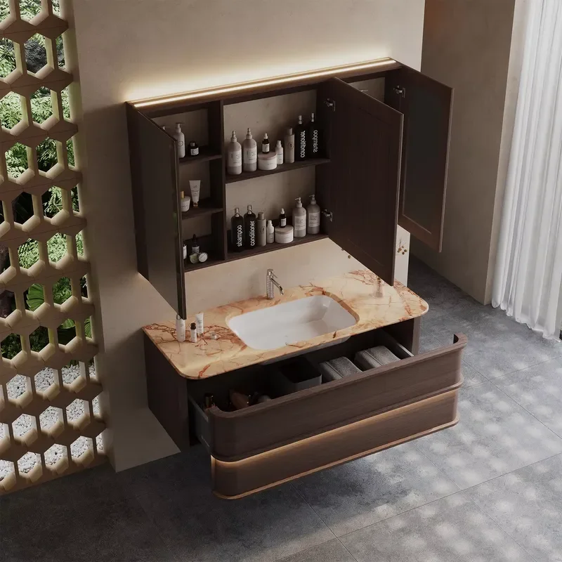 Vintage Curved Front Floating Vanity, Waterproof Solid Wood Bathroom Cabinet With Grid Compartment LED Storage Mirror Cabinet