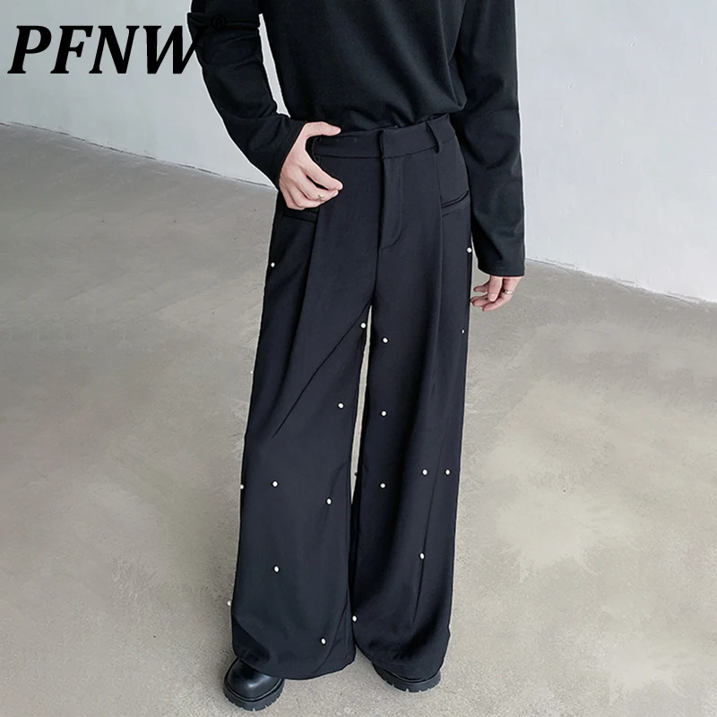 PFNW Black Draped Wide Leg Casual Pants Men's Pearl Rivet Design Suit Trousers 2025 New Back Elastic Waist Trend Pantss 12C2153