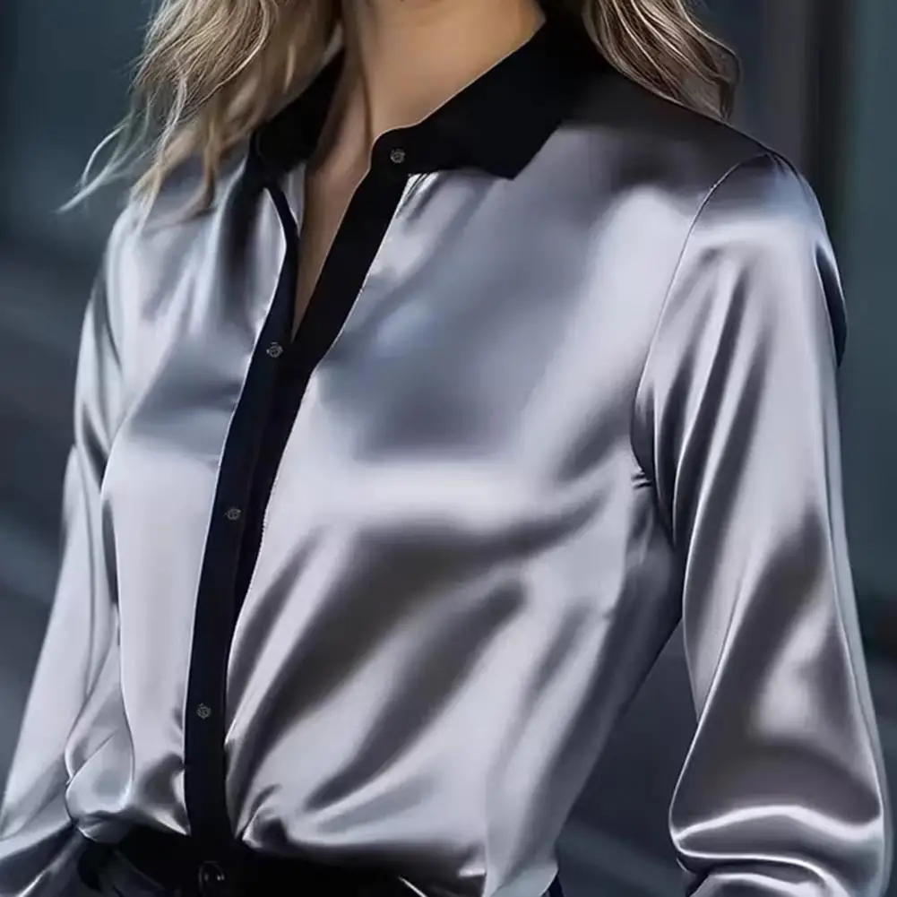 

Атласная блузка с цветовыми блоками и длинными рукавами, текстурированная, женская, приталенная, для офиса, весенняя, рубашка-блузка