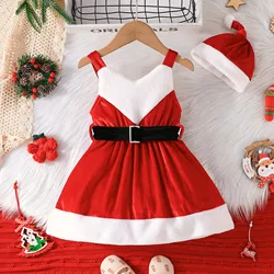 Toddler Baby Girls 2 Piece Outfits Contrast Color Christmas Velvet Dress and Santa Hat for Party Cute Children's Clothing