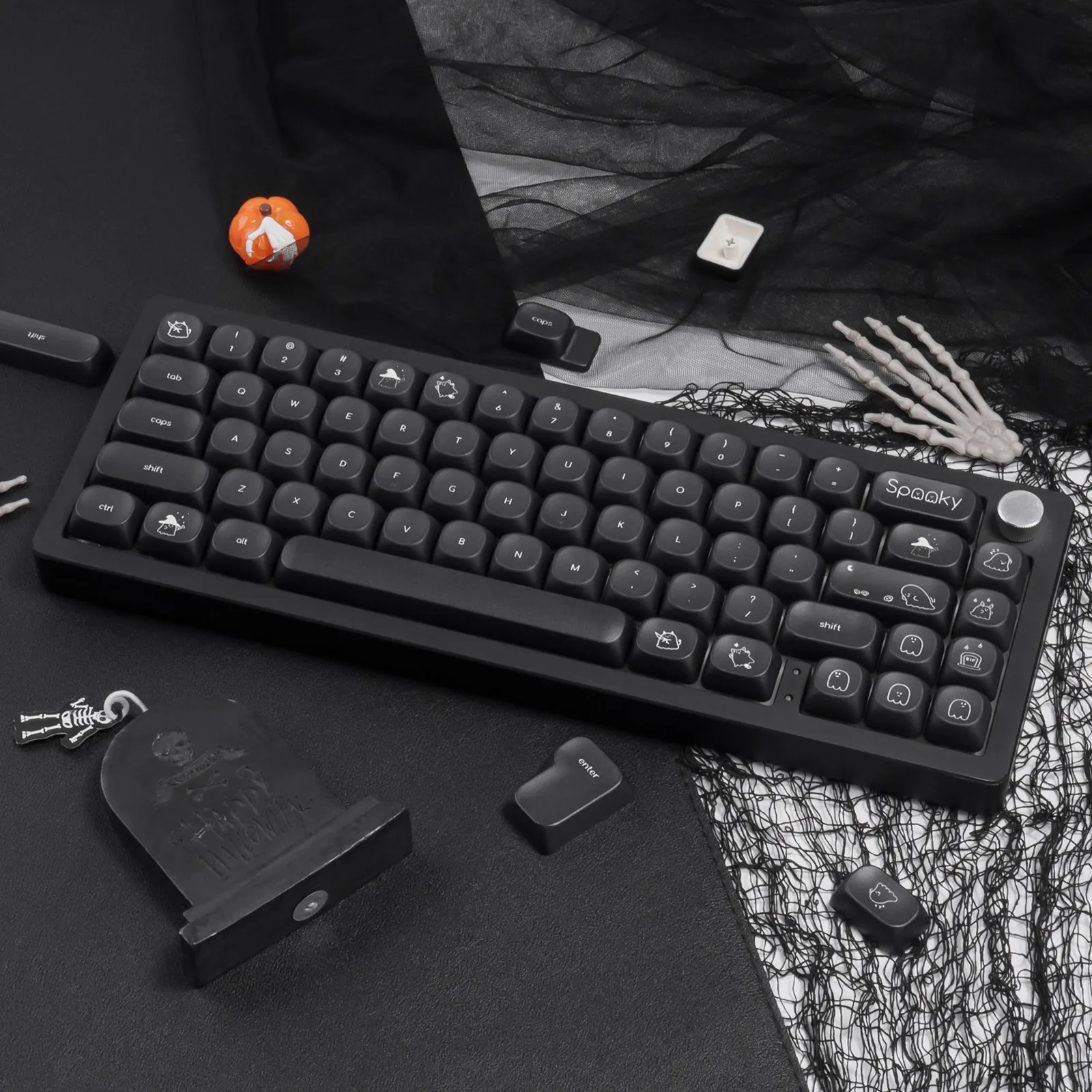 MAIMOOO Black Cute Ghost Keycap MOA Profile PBT Thermal Sublimation Custom Minimalist White Keycaps for Mechanical Keyboard