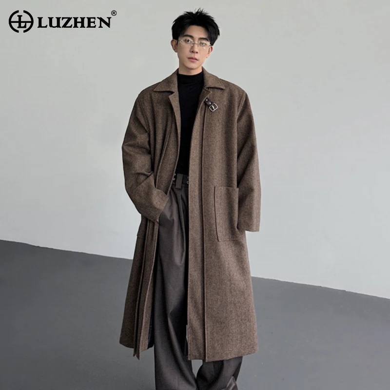 

LUZHEN 2025 Autumn Winter New Solid Color Elegant Woolen Windbreaker Coat Men Fashion Handsome Knee-length Trench Jacket JY5118