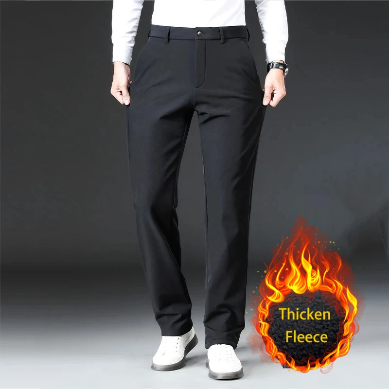 BROWON 2025 Autumn Winter Warm Elegant Men Pant Thicken Fleece Business Trouser for Men Elastic Straight Non Ironing Comfortable