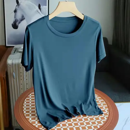 Imagen 2 del producto Moda 2025, nueva camiseta coreana de manga corta con cuello redondo de Modal para mujer, ropa informal de verano para mujer, camiseta básica de Color café