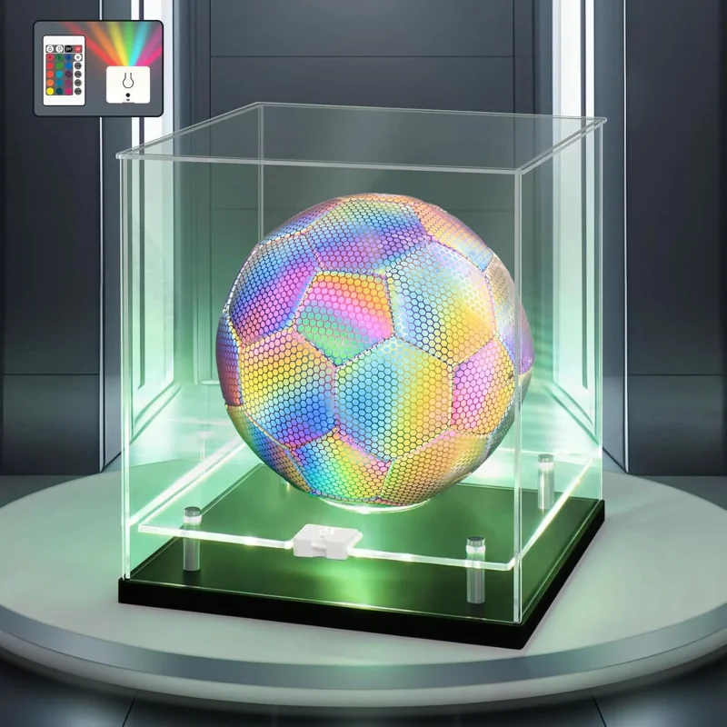 Soccer Ball Display Case, Acrylic Box for Size 5 Soccer & Basketball, Football, Dustproof Showcase, LED Decor Gift