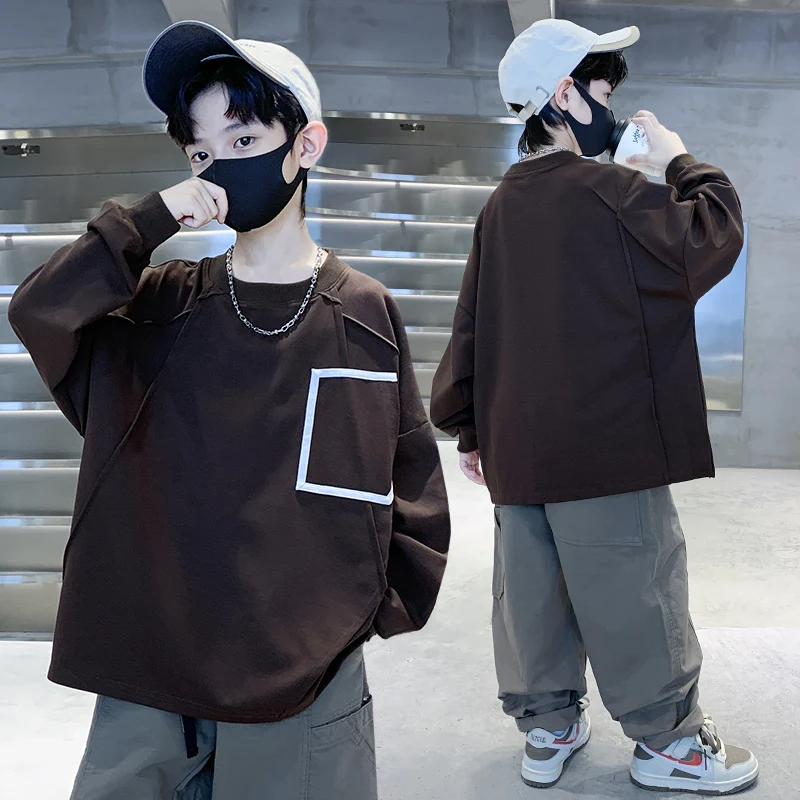 

Brief Style Children Black Brown Color Sweatshirt for Boy New Spring Clothing School Kids Casual Long Sleeve Tee Tops Outfit
