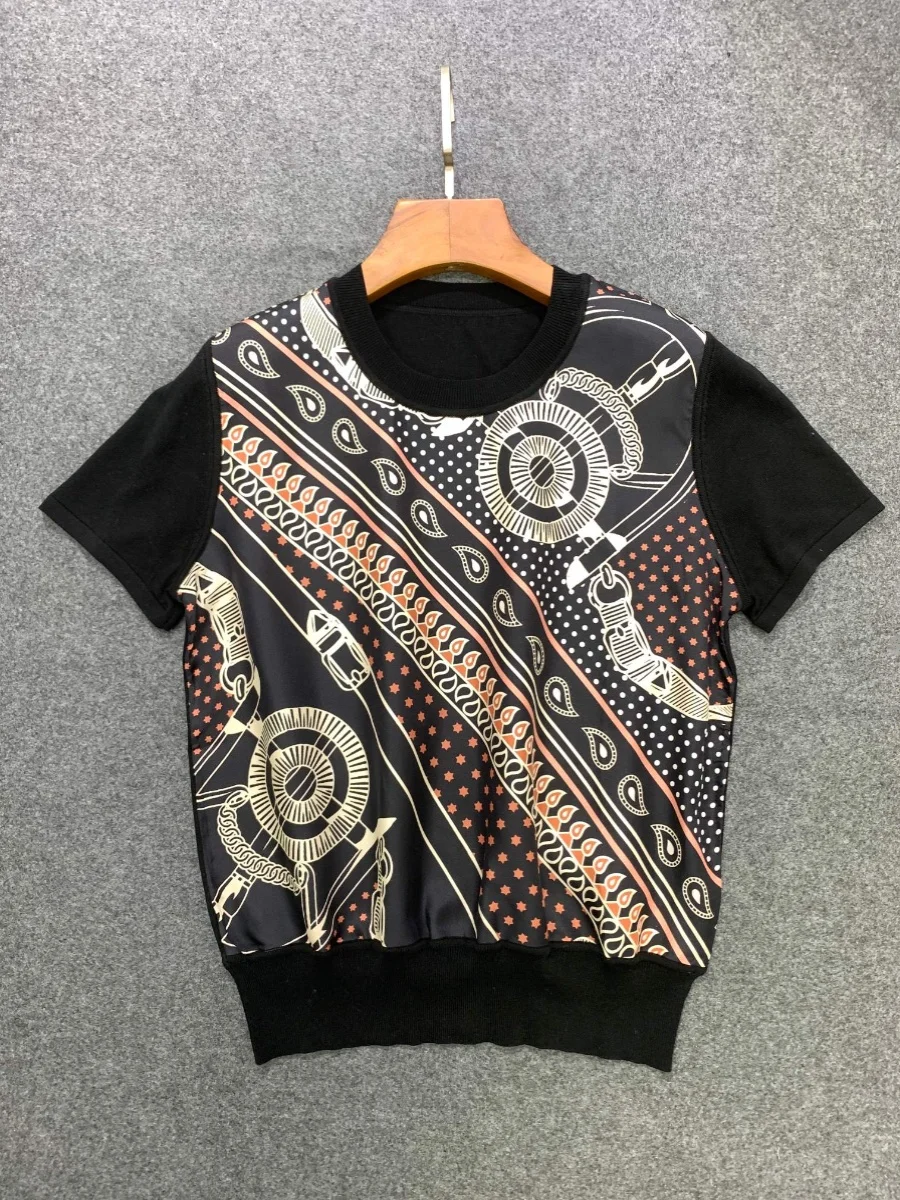 

Silk twill positioning printed Mosaic tencel knitted short sleeve T-shirt high quality luxury old money style