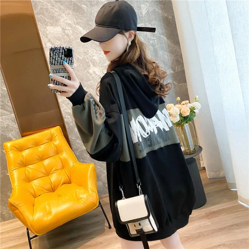 Top Hoodies Letter Printing Woman Clothing Loose Hooded Women\'s Sweatshirt Baggy Text Black Warm Dropshiping Y2k Vintage Kpop E