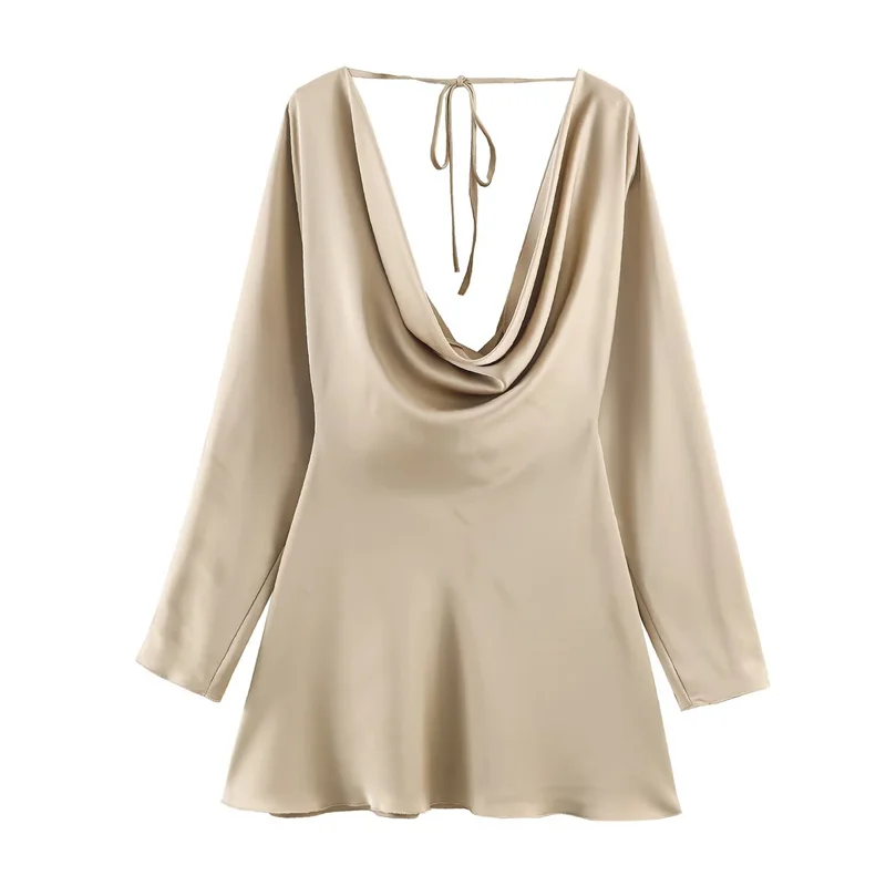 여성 드레스 2025 겨울 신상 단색 긴 소매 섹시한 깊은 V넥 새틴 텍스처 미니 드레스 우아하고 스타일리시한