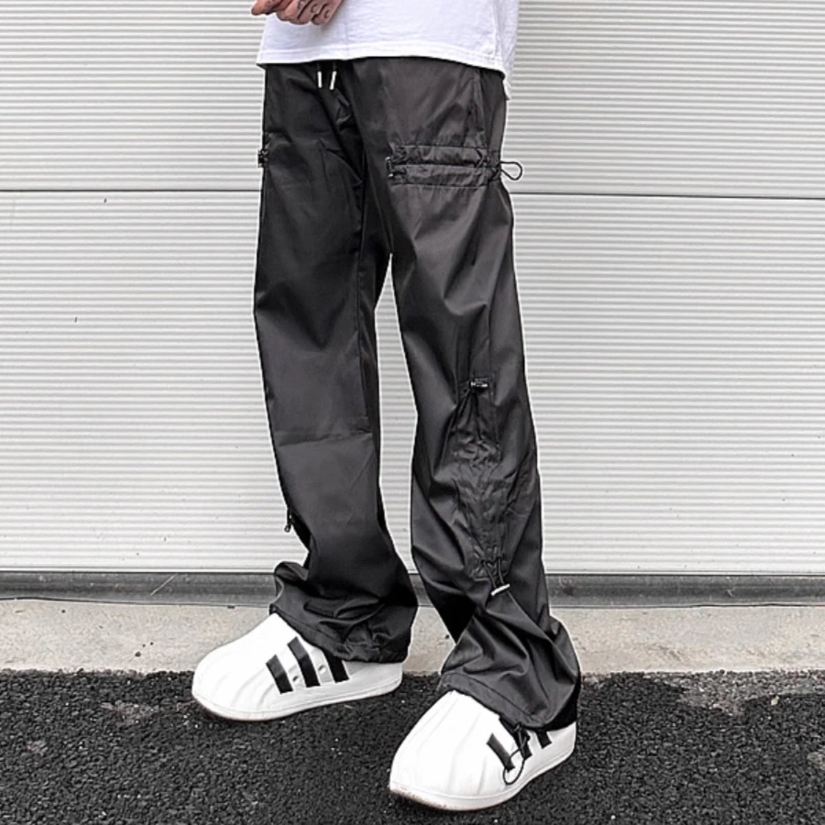 

Side Elastic Waist Drawstring Black Cargos for Men Pantalones Hombre Baggy Y2k Straight Overalls Oversized Functional Trousers