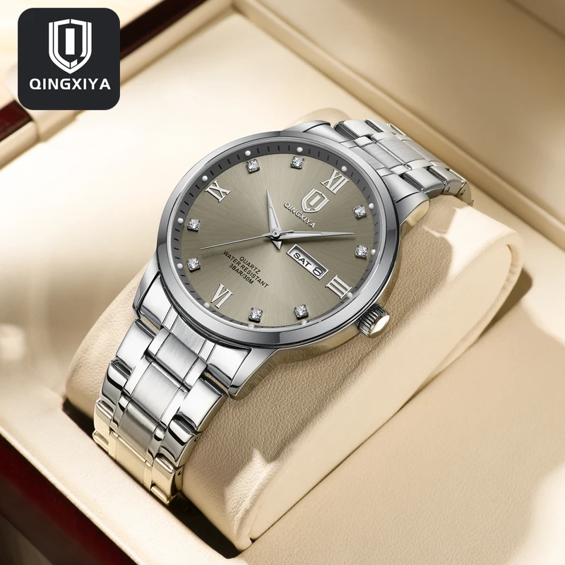 

QINGXIYA Mens Watches Top Brand Luxury Diamond Quartz Watch for Men Stainless Steel Waterproof Week Date Fashion Wristwatches