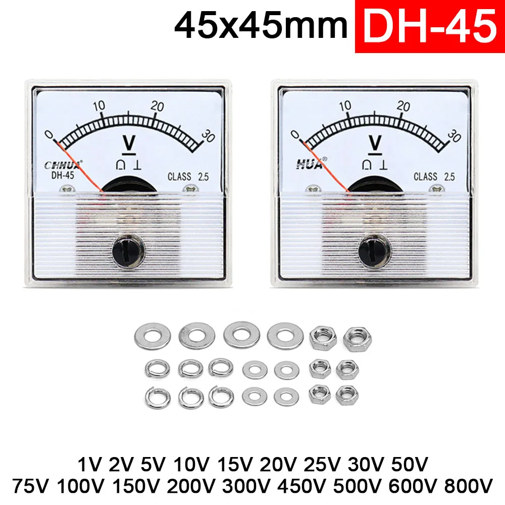 DH-45 DC Voltage Meter 1V 2V 5V 10V 15V 20V 25V 30V 50V 75V 100V 150V 200V 300V 450V 500V 600V 800V Analog Voltage Panel Meter