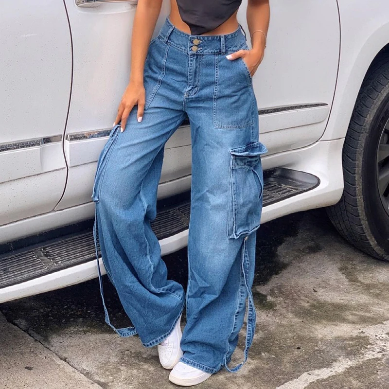 Rapwriter Stylish Blue Mom Jeans Big Pocket Patched Pants 90s Women High Waisted Denim Pants Casual Streetwear Nice Autumn