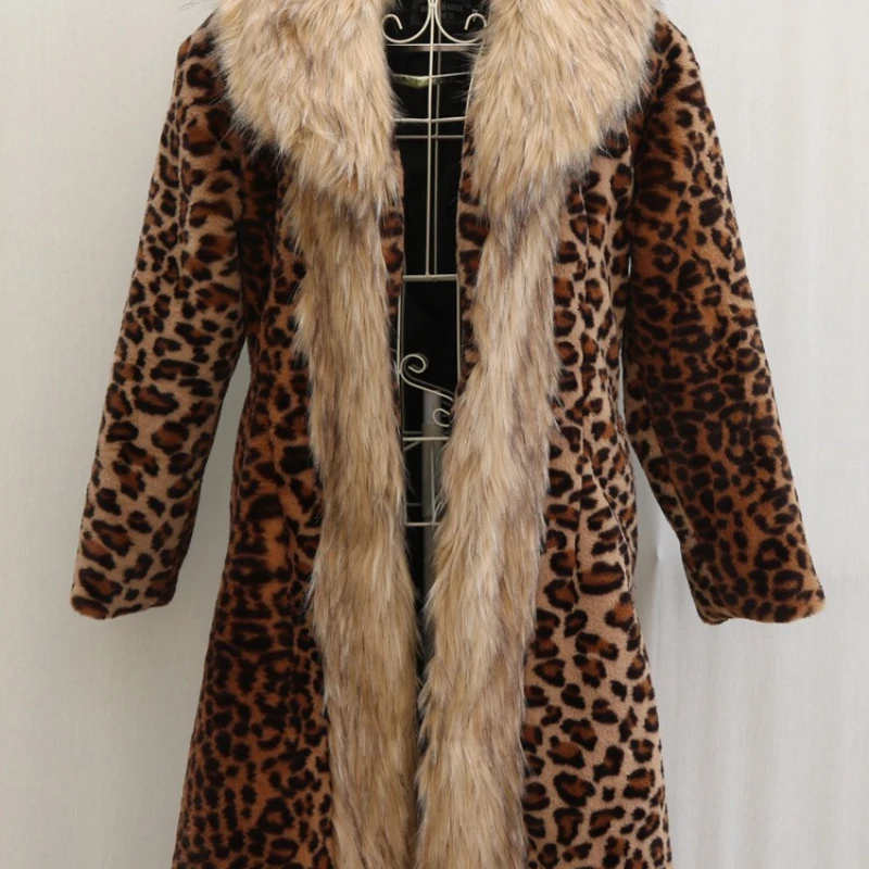 Women New Loose Comfortable Round Collar Warm Coat Commuting Slim Mid-length Fox Hair Eco Leopard Mink Hair Large Hair Collar