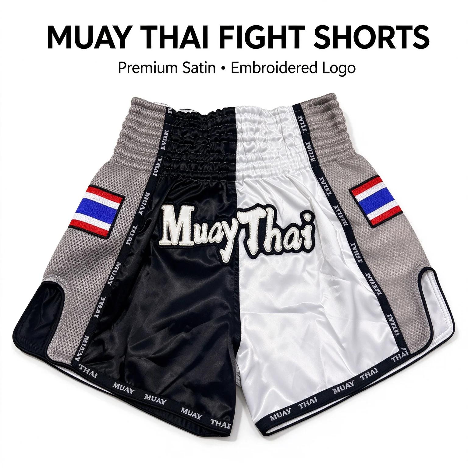 Muay Thai Pants Black White Split Color Boxing Shorts Thailand Flag Embroidery Martial Arts Kickboxing Combat Training Shorts