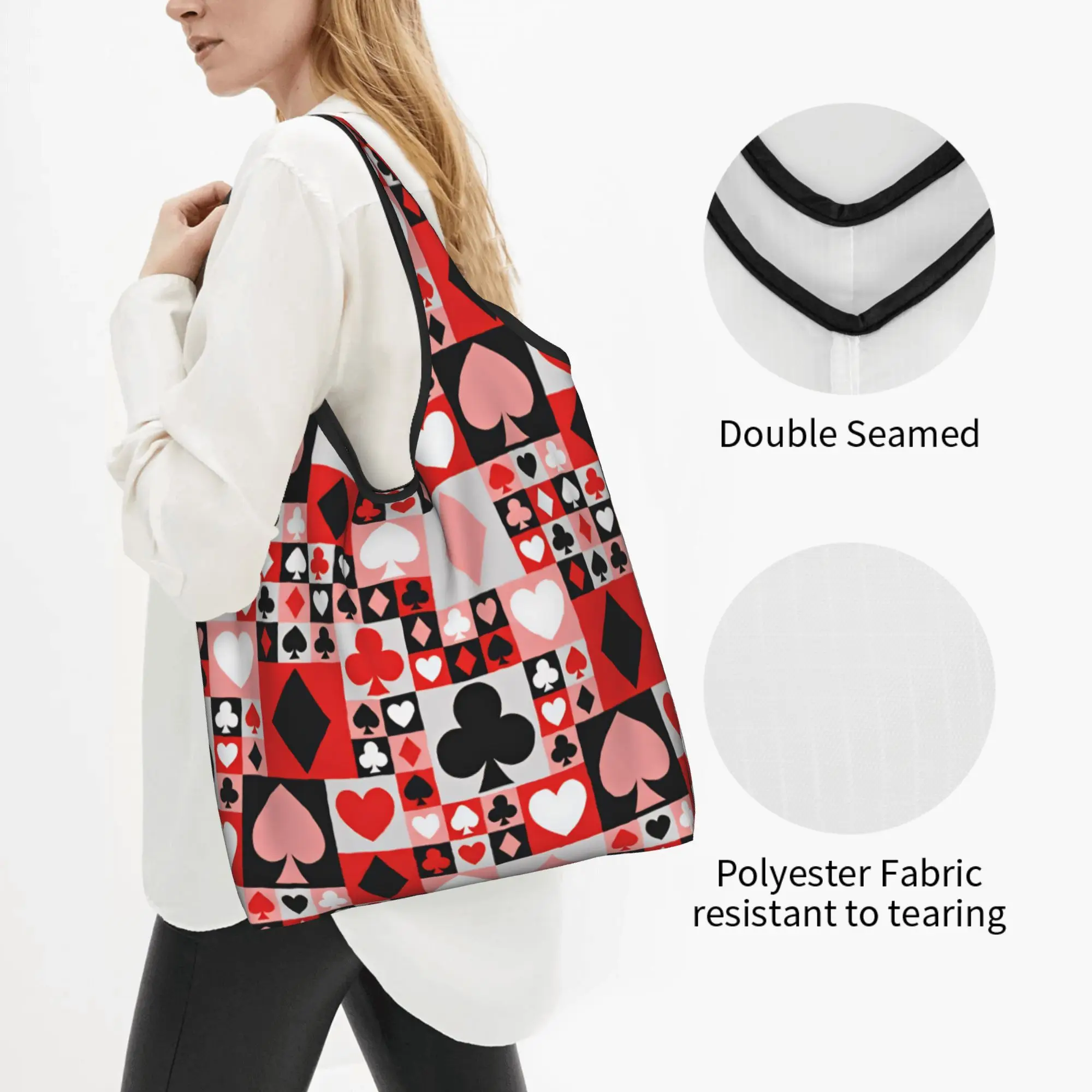 Reusable Hearts Clubs Poker Spades Diamonds  Shopping Bag Women Tote Bag Portable Geometric Collage  Grocery Shopper Bags